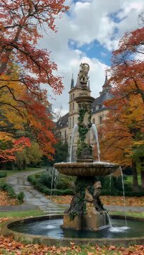 Scenic 4K stock footage featuring Monopteros temple structure adorned with autumnally red colored wine leaves in Schlosspark Hohenried in Bernried Bavaria Germany during fall