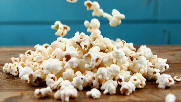 Delicious 4K slow motion stock video capturing large quantity of white salty popcorn pieces dynamically falling onto rustic wooden board with blurry blue wall visible in