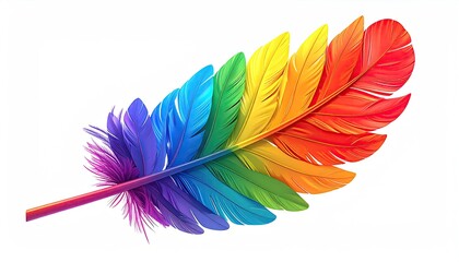 A vibrant, colorful feather gradient with rainbow hues on a white background