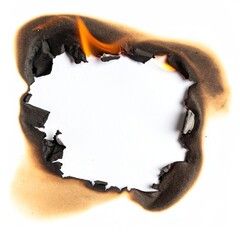 Charred edge surrounds a white void, with flames visible