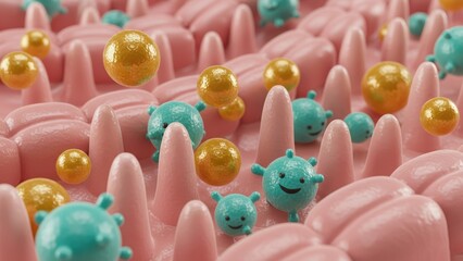 Fototapeta premium A healthy gut scene with microbes and nutrients inside intestines showing balance digestion and Stool formation