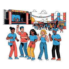 Crowd Dancing at Outdoor Summer Music Festival Concert Vector Illustration