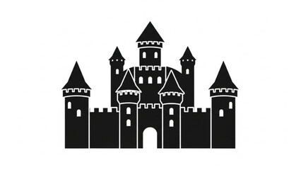 Obraz premium A detailed black silhouette illustration of a medieval castle with multiple towers and battlements, representing strength and history