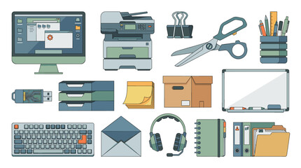 A collection of office supplies and electronic devices arranged on a white background, including a computer monitor, printer, keyboard, and stationery.
