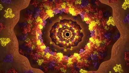 A glowing intestinal interior filled with microbes highlighting microbiome activity digestion and Stool formation