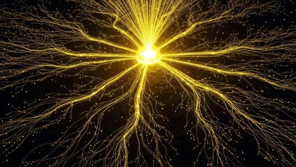 Abstract glowing golden energy network spreading outwards from a central core, depicting data flow, neural connections, technological growth and expansion concepts.