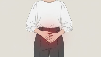 A woman torso with hands over pelvis and red glow showing abdominal discomfort and Stool formation education