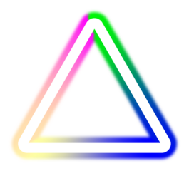 A brightly colored neon triangle glows against a solid black background