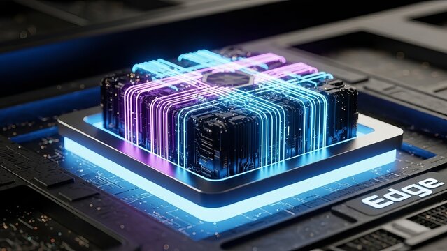 Advanced cpu with vibrant neon light connections symbolizing data processing, ai, machine learning, and future technology on a sophisticated circuit board. - Powered by Adobe