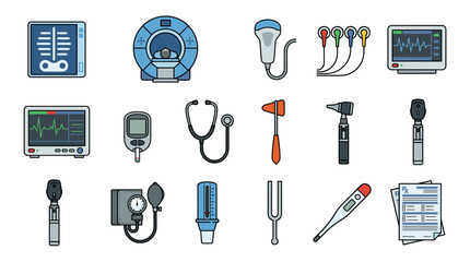 A collection of medical diagnostic and monitoring equipment, including an X-ray, MRI machine, ultrasound, ECG monitor, blood pressure cuff, stethoscope, and thermometer.