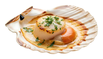 Cooking scallops with egg gourmet kitchen food isolated on transparent background