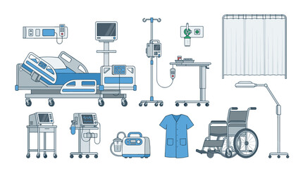 Collection of medical equipment and hospital supplies, including a hospital bed, IV stand, wheelchair, and medical monitors.
