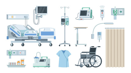A comprehensive collection of medical equipment and hospital room essentials, including a hospital bed, IV stand, wheelchair, and medical monitors.