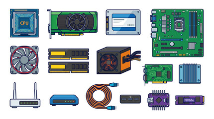 A collection of various computer hardware components, including a CPU, GPU, RAM, SSD, motherboard, power supply, and networking devices.