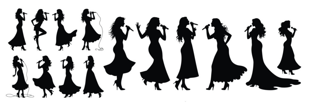 Female singers in elegant dresses holding microphones