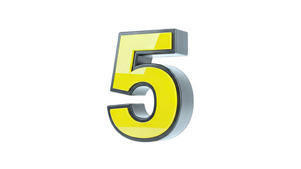 3D Yellow Number 5 with 3D Metallic Effect Isolated on transparent background