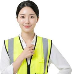 Confident Korean Female Logistics Manager in Safety Vest Looking at Camera