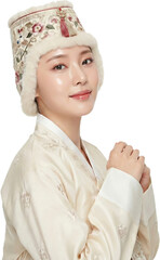Elegant Korean Woman in Traditional Hanbok and Winter Jobawi Hat Side View