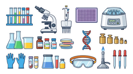A comprehensive collection of scientific laboratory equipment and supplies, including glassware, tools, and safety gear, arranged for clear illustration.