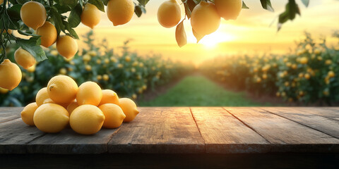 A pile of fresh ripe lemons placed on a rustic wooden table with a beautiful lemon orchard in the background glowing under warm morning sunlight. This image conveys freshness, organic farming