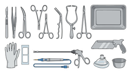 A comprehensive collection of surgical instruments and medical equipment, including scalpels, forceps, scissors, gloves, and a laparoscope.