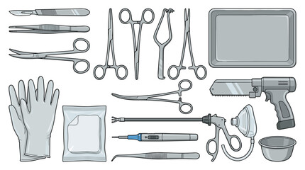 A collection of surgical instruments and medical equipment laid out on a white background.
