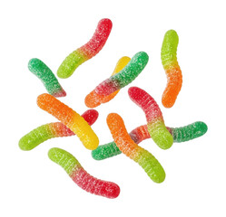 Colorful gummy worms candy store food bright isolated on transparent background