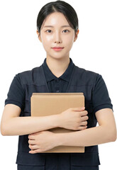 Professional Female Logistics Worker Holding Small Cardboard Box Securely