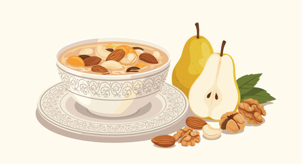 Healthy bowl of breakfast cereal or porridge topped with almonds and walnuts served alongside fresh sliced pears.