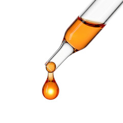 Droplet of golden on glass pipette isolated on transparent background