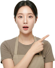Shocked Young Woman in Apron Pointing at Copy Space for Special Offer