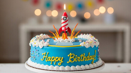 Birthday cake with rocket candle - Birthday launch, celebration growth - Birthday Concept