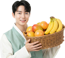 Smiling Korean Man in Hanbok Holding a Basket of Tropical and Seasonal Fruits