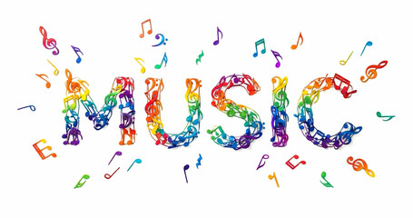 Music logo replaced with colourful glitter 3d music note letter on white background.