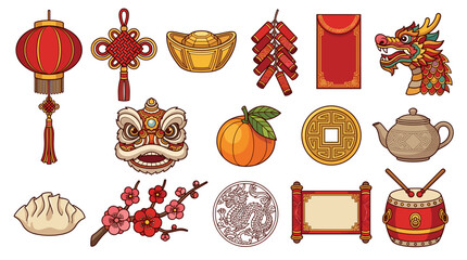 A vibrant collection of traditional Chinese New Year symbols and decorations, including lanterns, dragons, and festive ornaments.