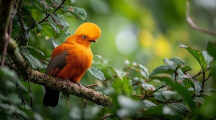 A Cock-of-the-Rock bird perched on a tree branch in its natural tropical habitat, vibrant orange plumage and distinctive fan-shaped crest fully visible, surrounded by lush green forest