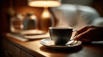 Fototapeta premium Relaxing morning with coffee on wooden nightstand near bedside lamp and soft pillows