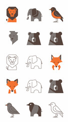 Geometric animal icons set featuring lion elephant bird bear and fox illustrations