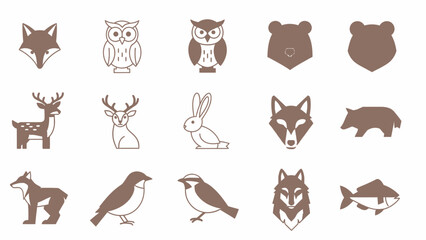 Animal icons set bear bird deer fox owl rabbit and wolf illustrations
