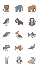 Collection of stylized animal illustrations in various colors and geometric forms