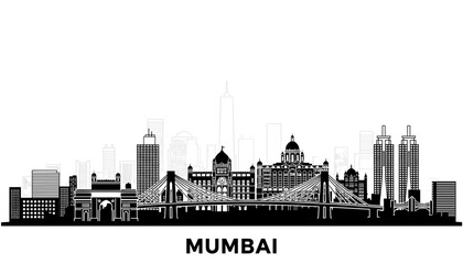A black and white silhouette of the Mumbai skyline, showcasing iconic buildings and bridges.