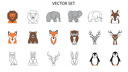 Vector set of diverse animals illustrations in flat design style