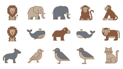 Collection of stylized animal illustrations in varying colors on white background