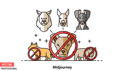 Cartoon animals illustration with prohibited lion and stylized representation