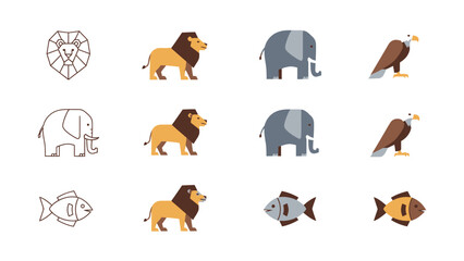Stylized animal illustrations lion elephant eagle and fish in various styles