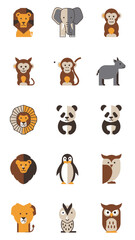 Cartoon animal icons set elephant monkey lion panda owl penguin vector