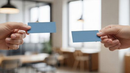 Exchanging business cards in coworking space - Professional networking, first meeting - Networking Concept