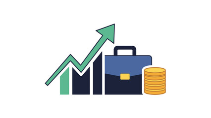 Financial growth icon with briefcase and coins on white background