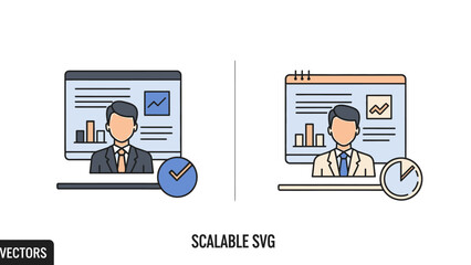 Businessman icons with check mark and clock representing website analytics