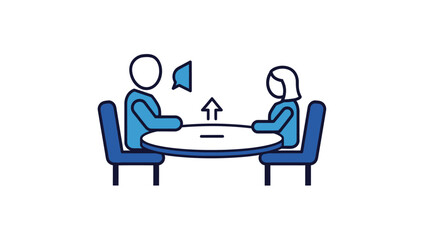 Illustrated depiction of two figures seated at a table communicating ideas